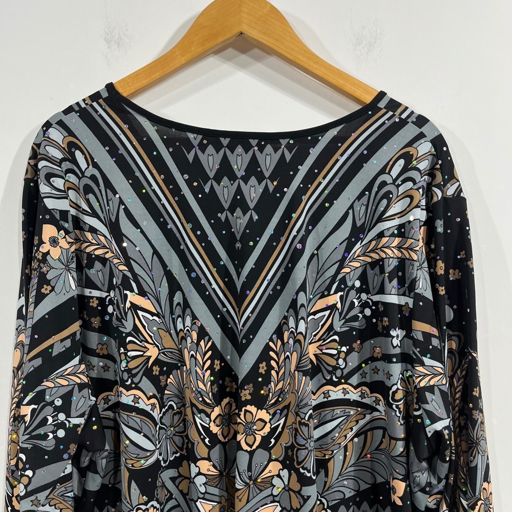 Bob Mackie Black Floral V-Neck Long Sleeve Blouse with Gray and Tan Accents. - Picture 6 of 11